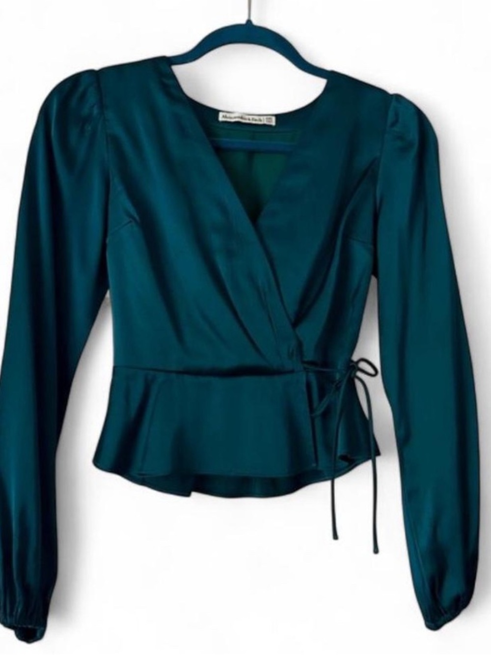 Abercrombie & Fitch Satin Long Sleeve Wrap Top - Teal - M